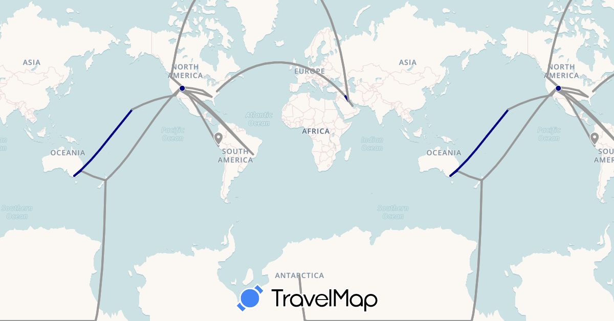 TravelMap itinerary: driving, plane in Australia, Brazil, Iraq, Kuwait, New Zealand, Peru, Qatar, United States (Asia, North America, Oceania, South America)
